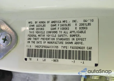 2010 Honda Accord 2.4 Ex-L from USA, damaged, VIN 1HGCP2F82AA131705